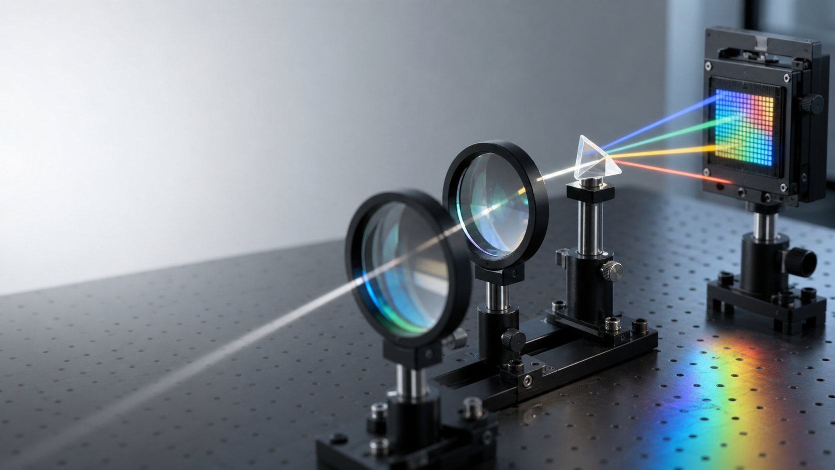 Neutral optical lenses and calibrated light on a measurement bench